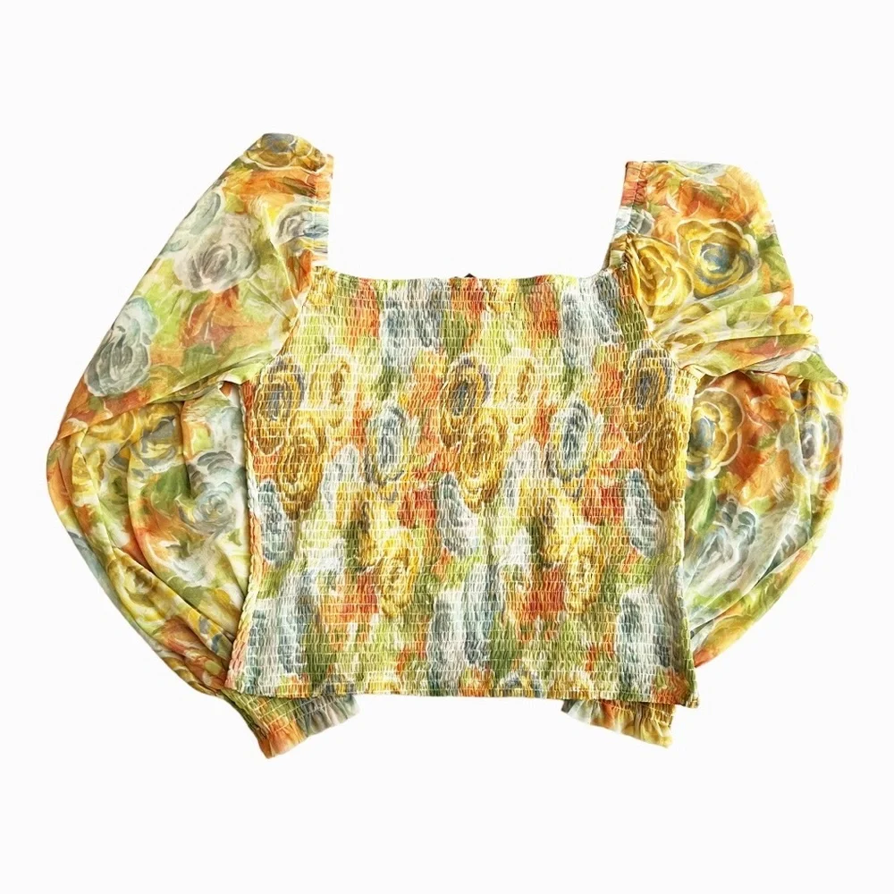 Anthropologie Rouen Yellow and Orange Floral Print Smocked Top X-Large